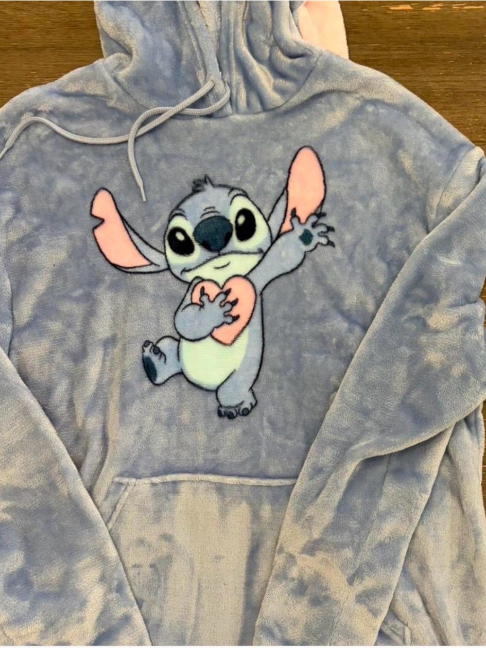 Disney Light Blue Plush Hoodie with Stitch Heart Motif and Pink Accents
